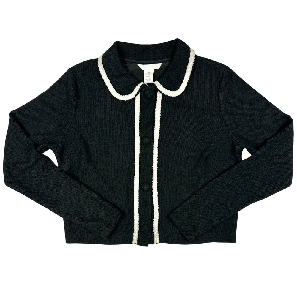 HM Black Knit Cardigan Jacket White Boucle Trim Peter Pan Collar Small